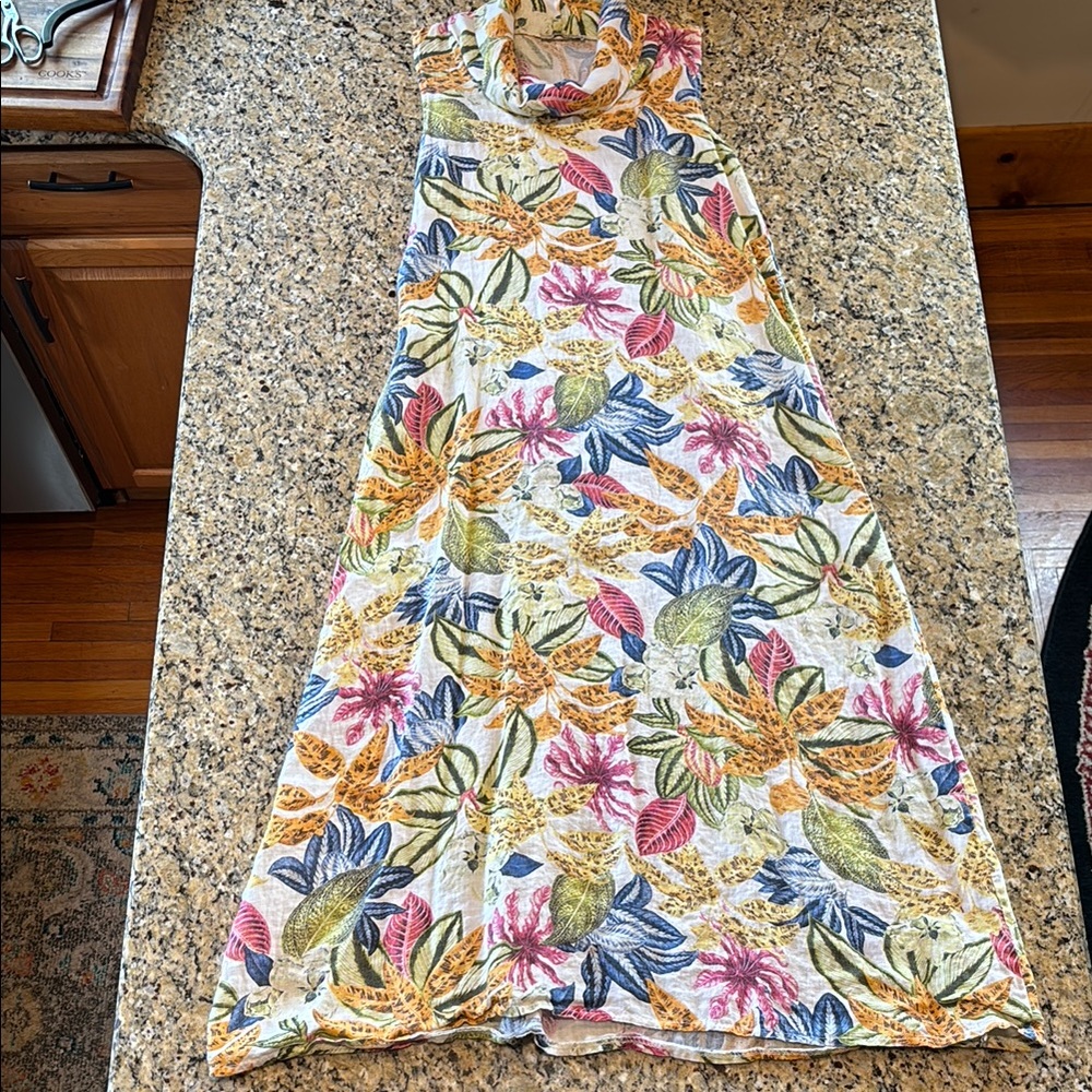 100% Linen Floral Maxi Dress with Multicolor Design